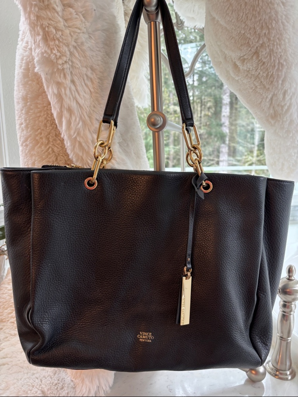 Vince Camuto Black Pebbled Leather Tote with Gold Hardware